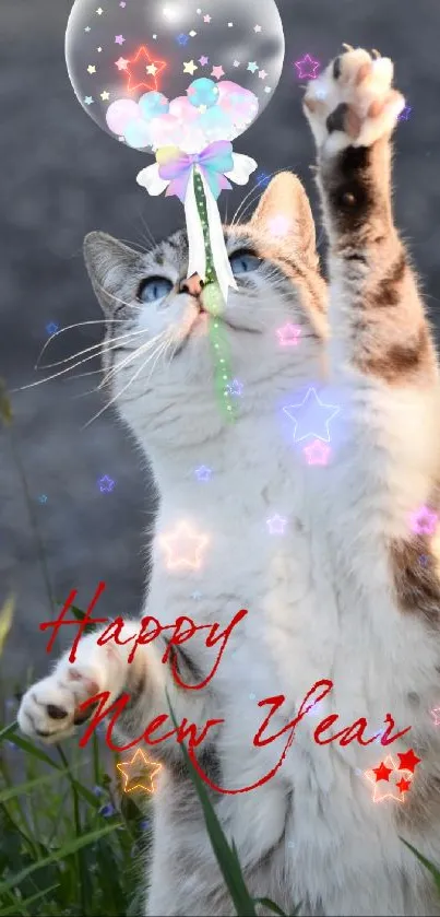 Cat reaching for balloon in a Happy New Year scene.