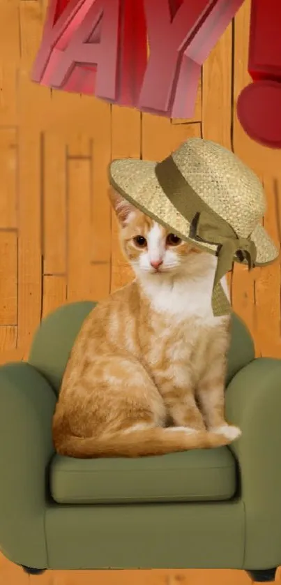 Cute cat with straw hat on green armchair against wooden backdrop.