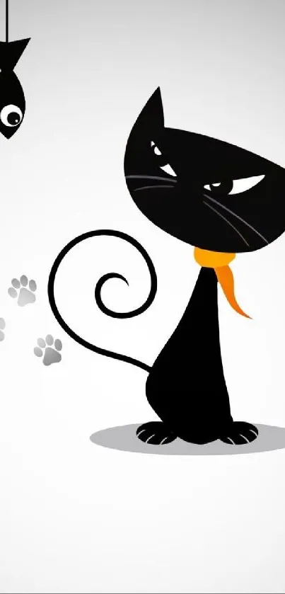 Playful black cat with orange collar and paw prints on a minimalist background.