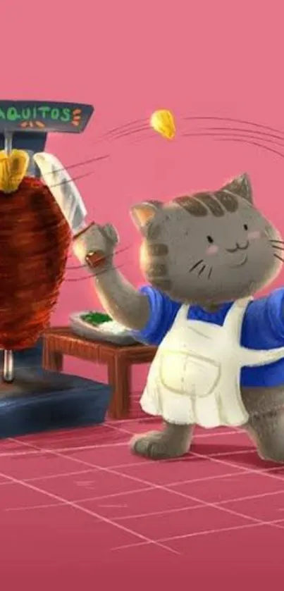 Cute cat chef making tacos on a pink background wallpaper.