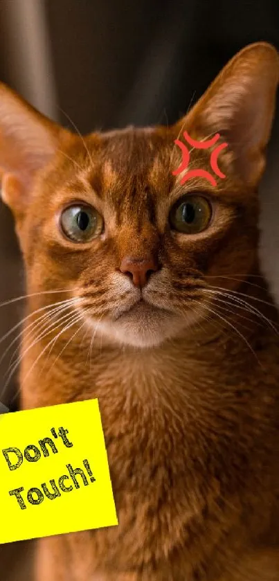 Playful brown cat with a humorous warning note on phone wallpaper.