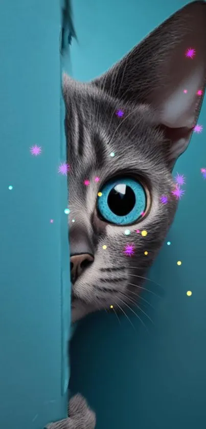 Cat with striking blue eyes peeks playfully through vibrant blue background.