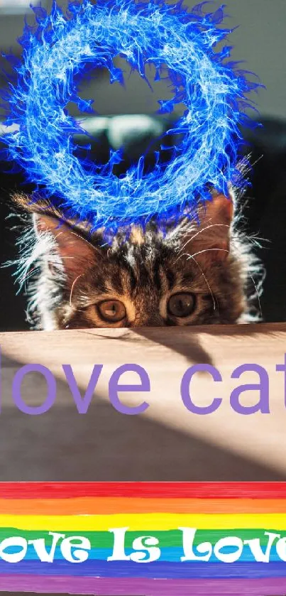 Mobile wallpaper featuring a cat with a blue halo and rainbow love message.