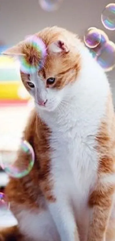 Orange and white cat playing with bubbles.