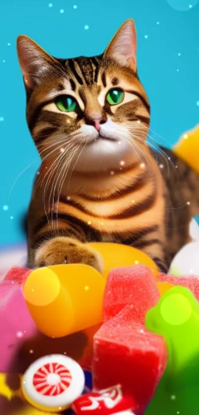 Playful cat with colorful toys in vibrant background.