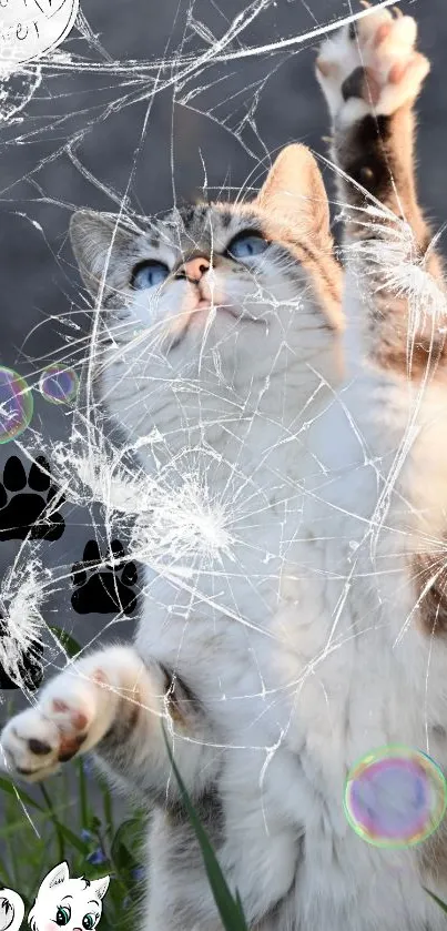 Cat with cracked effect and bubbles on a playful mobile wallpaper.