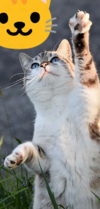 Playful cat reaching towards a cat emoji in green meadow.