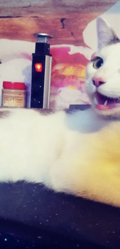 Playful white cat in front of floral background on a counter.