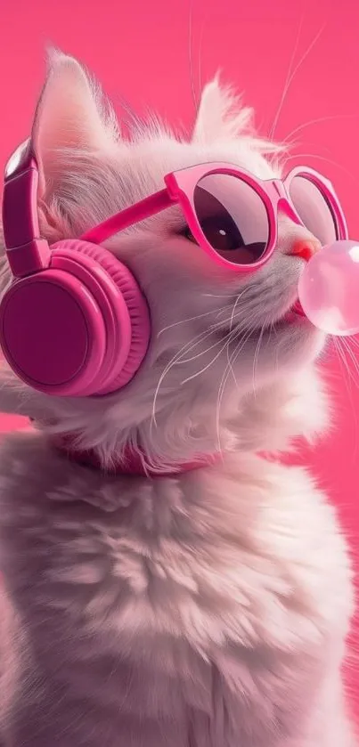 Cat wearing sunglasses and headphones with bubblegum on pink background.