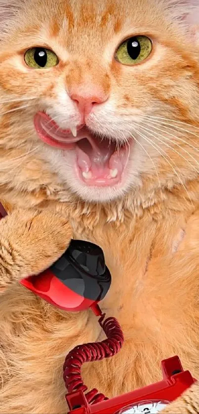 Ginger cat playfully holds a red rotary phone.