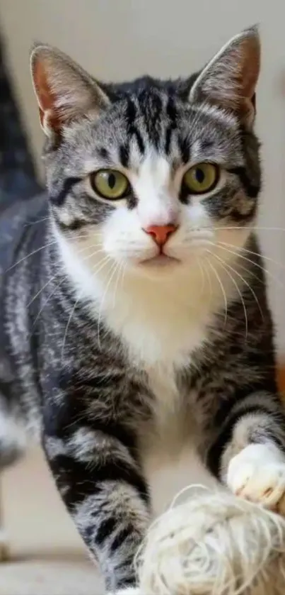 Cute cat playing with a ball of yarn.