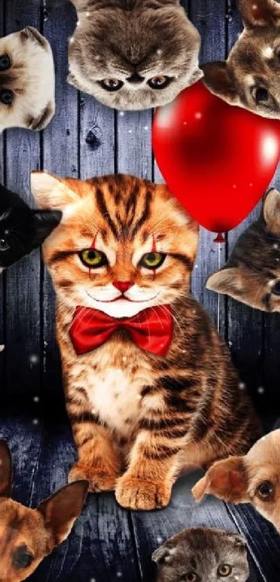 Tabby cat with red bowtie surrounded by curious pets and red balloon.