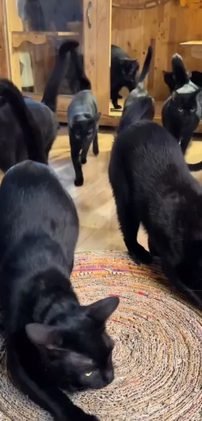 A group of black cats gathering on a woven rug indoors.