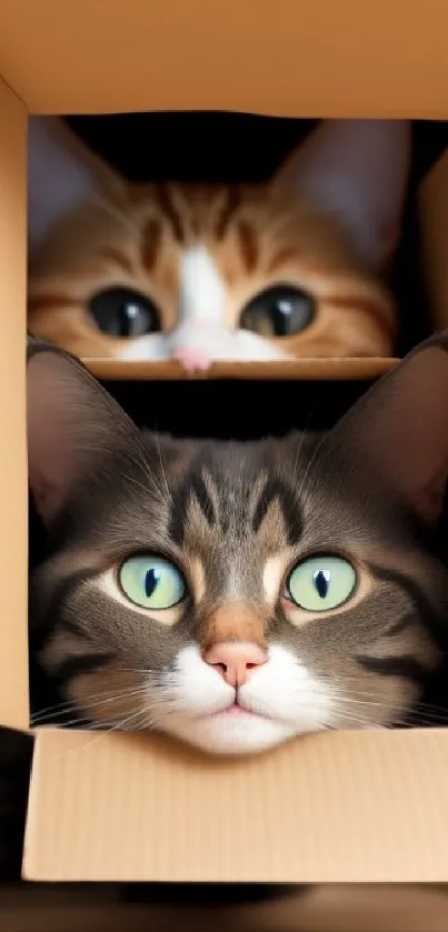 Two cats playfully peek from cardboard boxes in a charming mobile wallpaper.