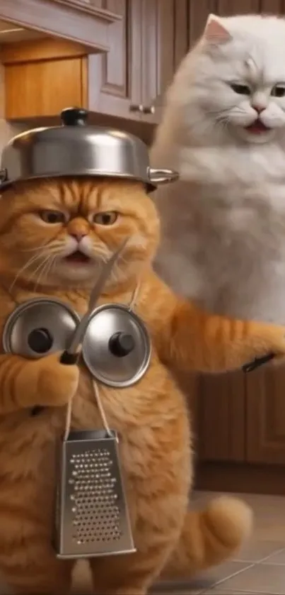 Two playful cats in a kitchen with utensils.
