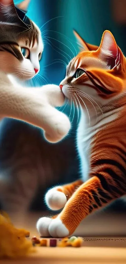 Two playful cats in a vibrant orange and white design on a mobile wallpaper.