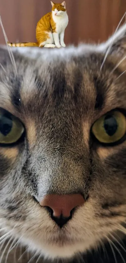 Close-up of a tabby cat with a small ginger cat on its head.