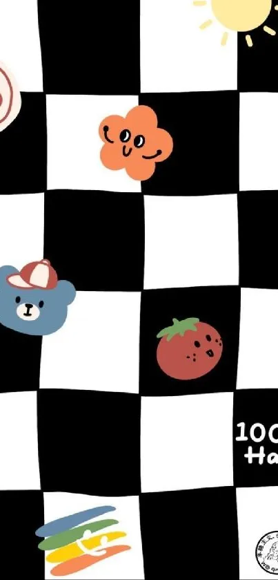 Playful checkerboard wallpaper with cute icons