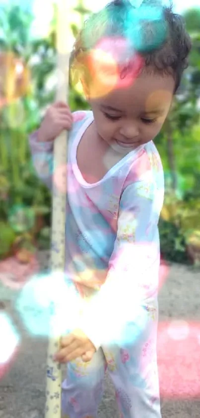 Cute child in a garden with dreamy bokeh lights.