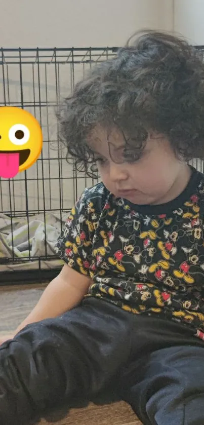 Child with curly hair next to winking emoji.