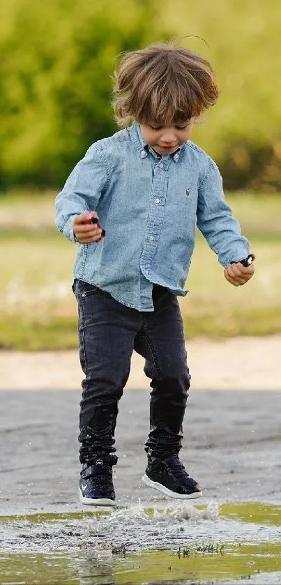 Child in blue shirt jumping in puddle with green background.