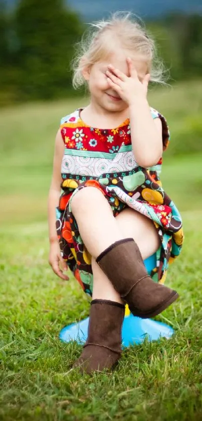 Child in colorful dress on green grass outdoors.