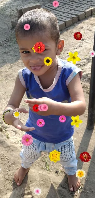 Child playing outdoors in sunny yard with bricks.