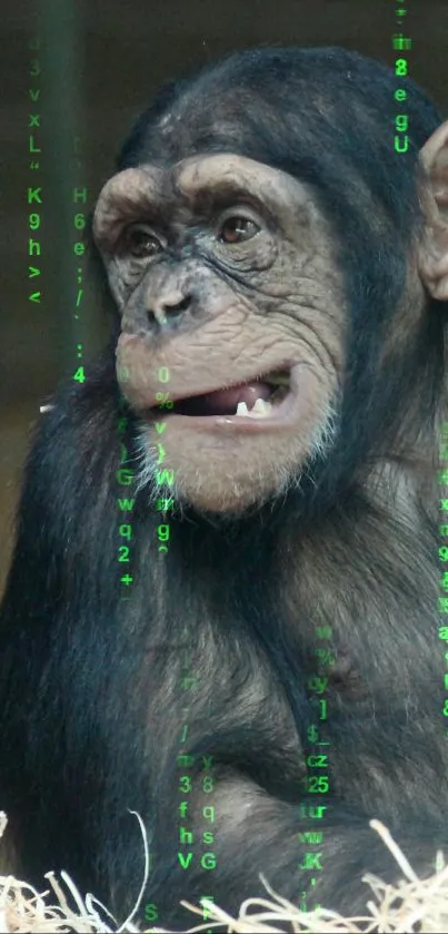 Playful chimpanzee in natural setting, captured on mobile wallpaper.