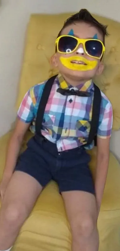 Child with clown face art sits on yellow chair wearing sunglasses.