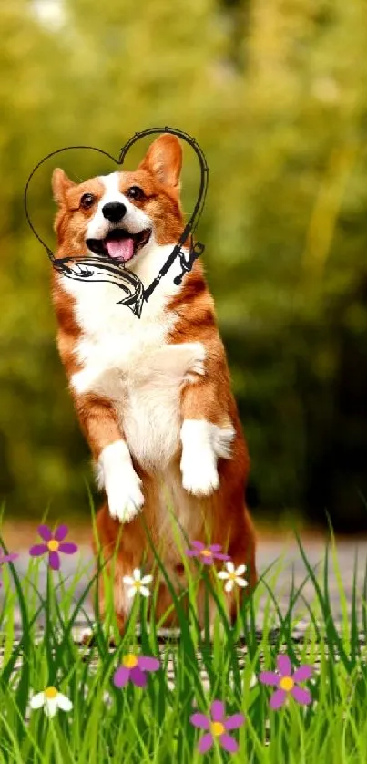 Corgi happily standing among flowers with a heart shape drawn around its head.