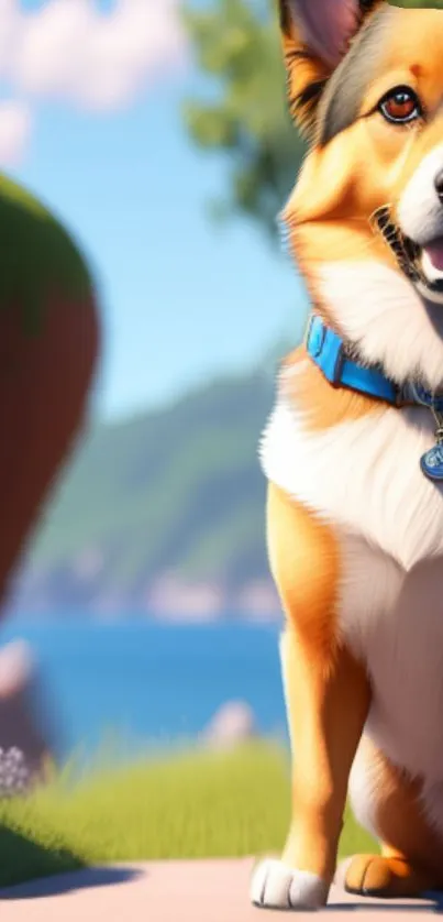 Animated Corgi dog on a sunny nature background with a bright blue sky.