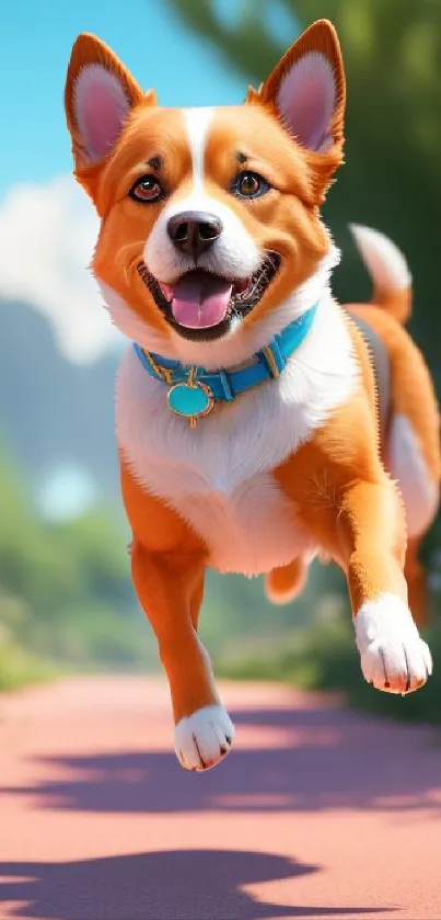 Joyful Corgi running in a sunlit garden with colorful flowers.