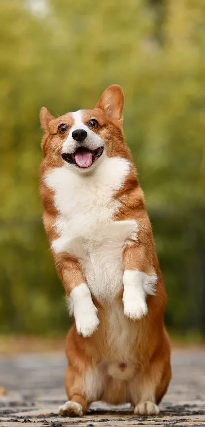 Playful Corgi standing happily outdoors with a blurred green background.