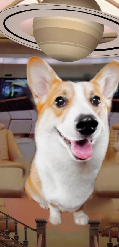 A corgi in a spaceship with Saturn above, offering a playful space theme.