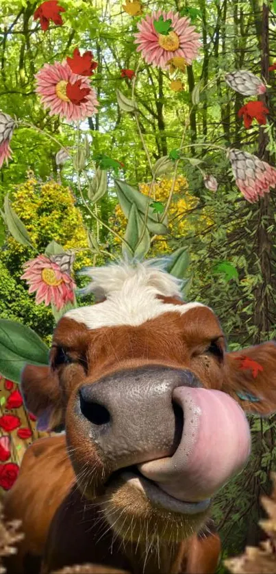 Playful cow amid colorful flowers in a vibrant forest setting.