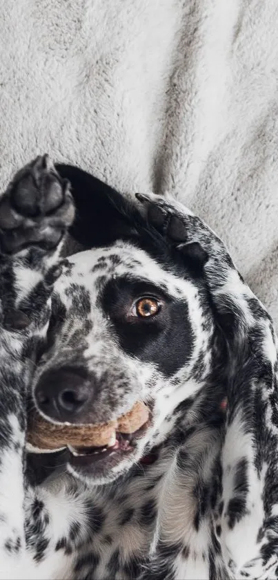Dalmatian dog playing with a toy on gray background.