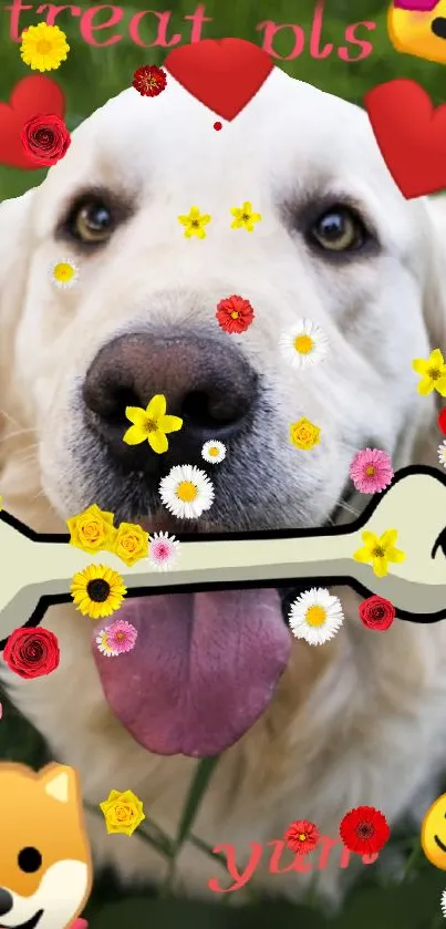 Fun dog wallpaper featuring flowers, emojis, and bone on green background.