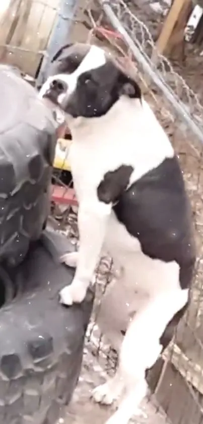 A playful dog stands by stacked tires outdoors.