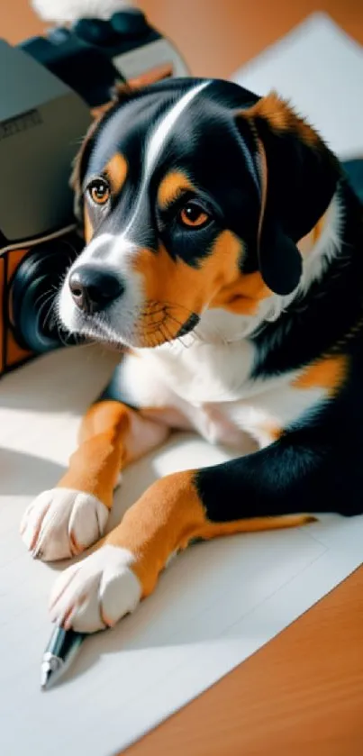 Playful dog resting on a wooden table with camera.