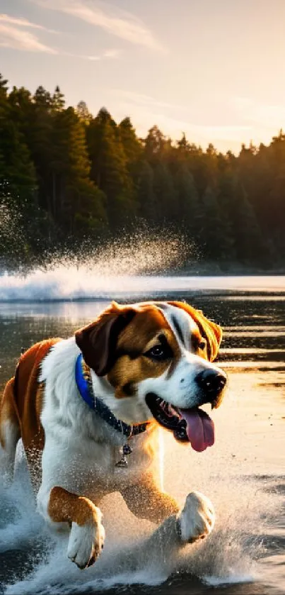 Dog joyfully running in a lake at sunset.