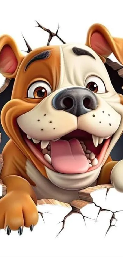 Playful cartoon dog bursting through wall wallpaper