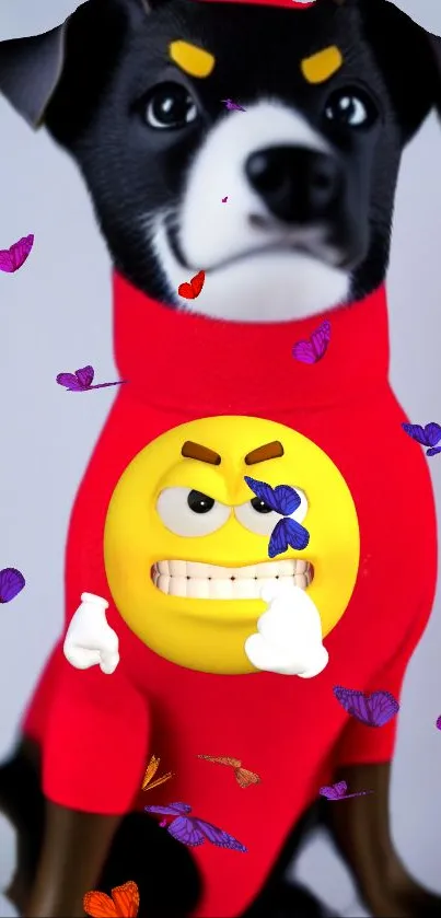 Funny puppy with emoji and butterflies on red outfit.