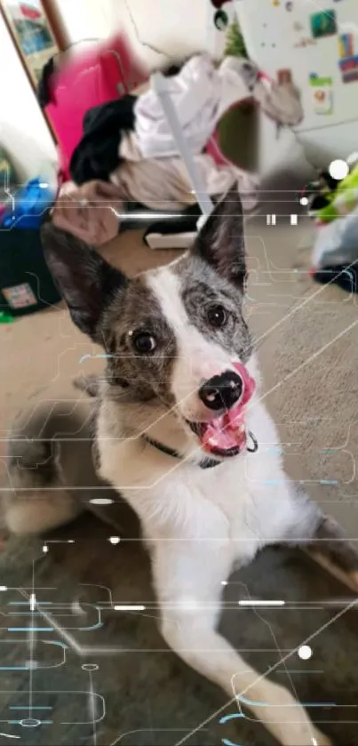 Playful dog surrounded by digital effects.