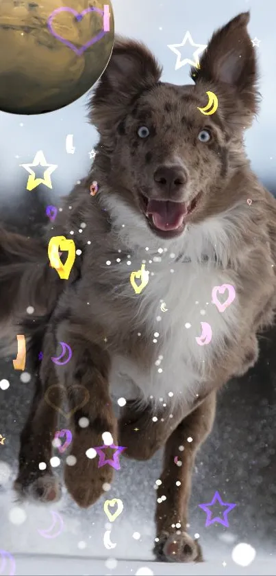 A playful dog in a fantasy scene with stars and celestial elements.