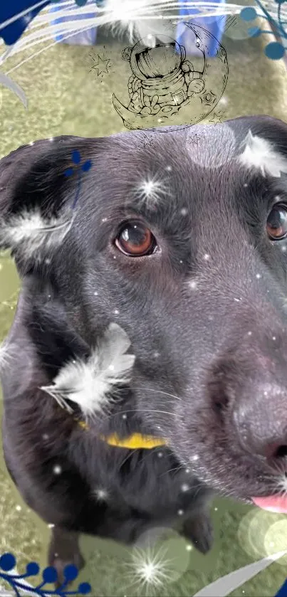 Playful black dog in a fantasy snowy setting, perfect for mobile wallpaper.