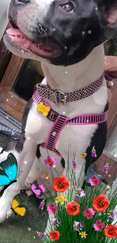 Playful dog with butterflies in vibrant floral setting.