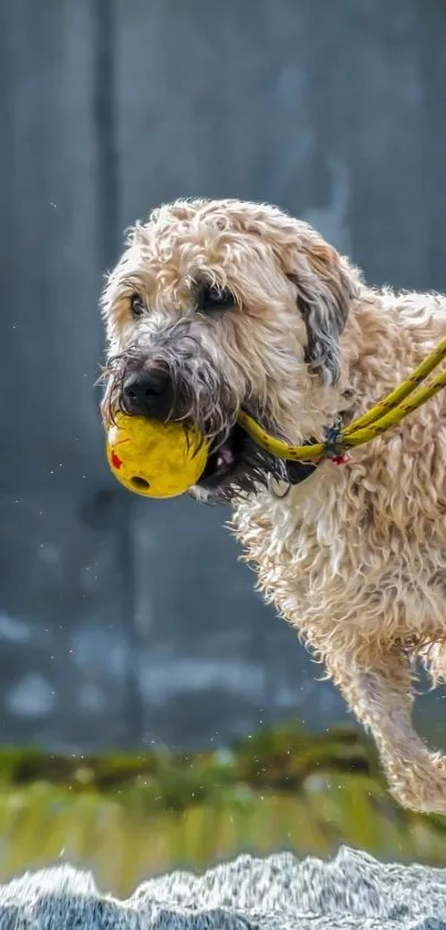 Shaggy dog with ball, vibrant nature scene