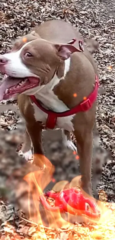 Happy dog playing with a toy on leafy ground, capturing autumn's colorful charm.