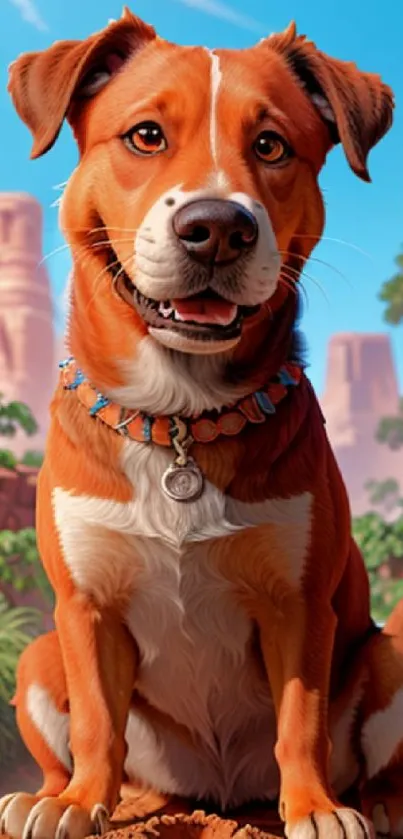 Animated dog sitting in a canyon landscape with rich orange tones.