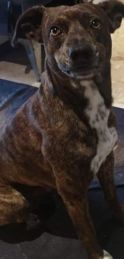 Dog sits on a rug in a cozy home environment.